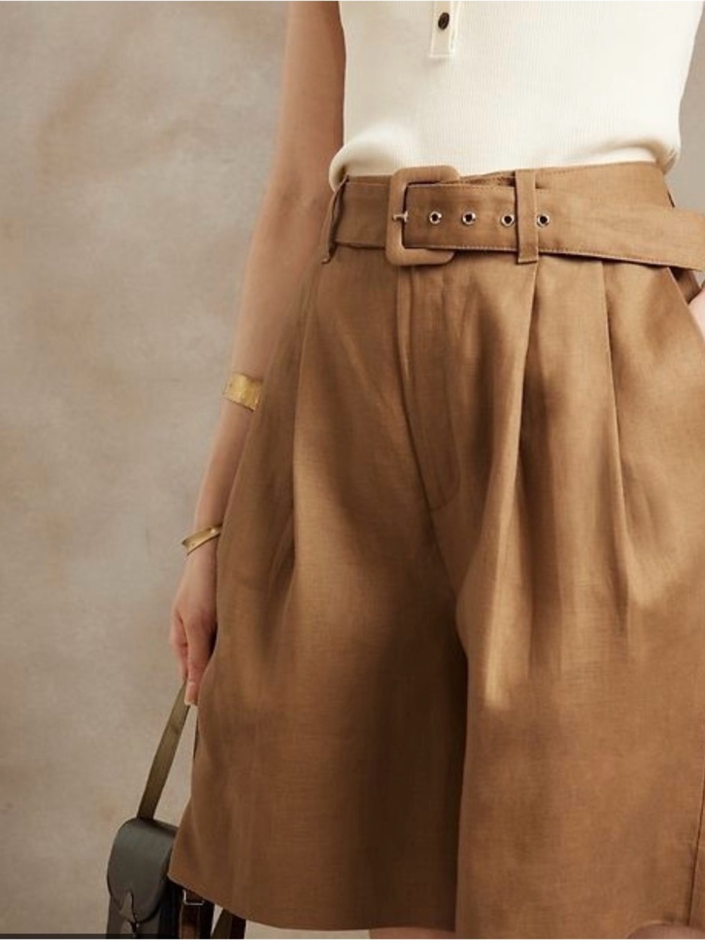 Banana Republic Camel Pleated Belted Bermuda goucho linen structured minimalist